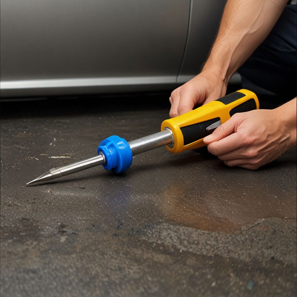 Close-up of dent puller gripping smooth metal